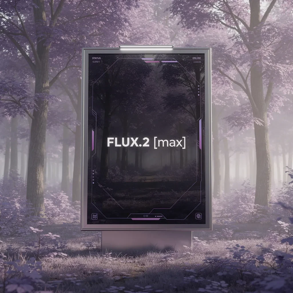 Тёмный постер с надписью FLUX.2 max в туманном лесу.