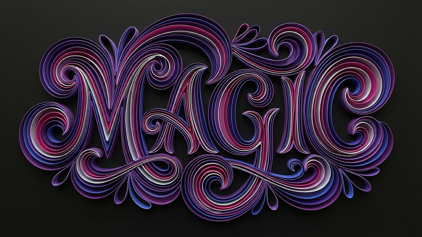 Слово MAGIC из завитков фиолетовых, розовых и голубых бумажных полос