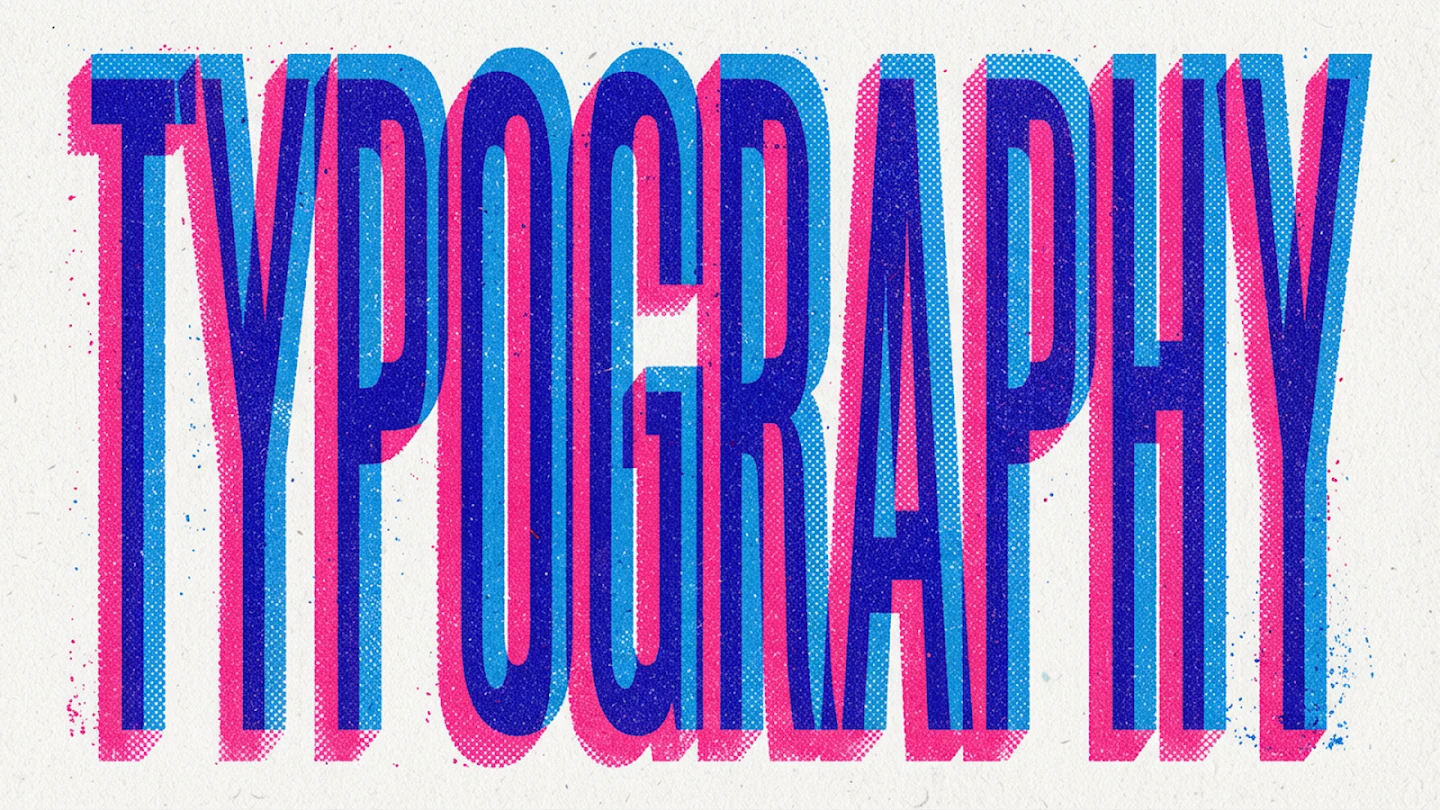 Слово TYPOGRAPHY в высоких синих и розовых буквах с печатной текстурой