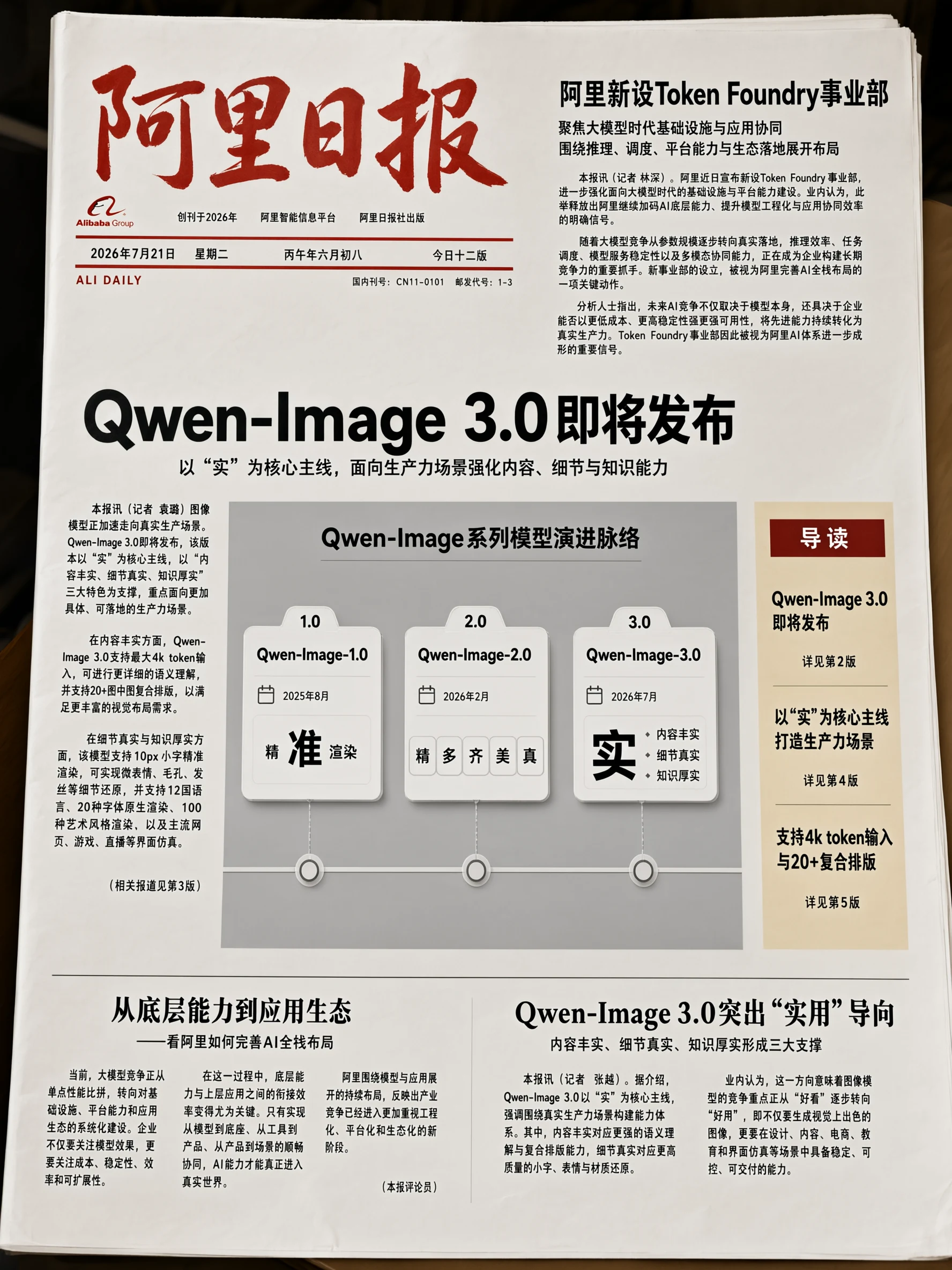 Газетная полоса с плотным китайским текстом и объявлением Qwen Image 3.0
